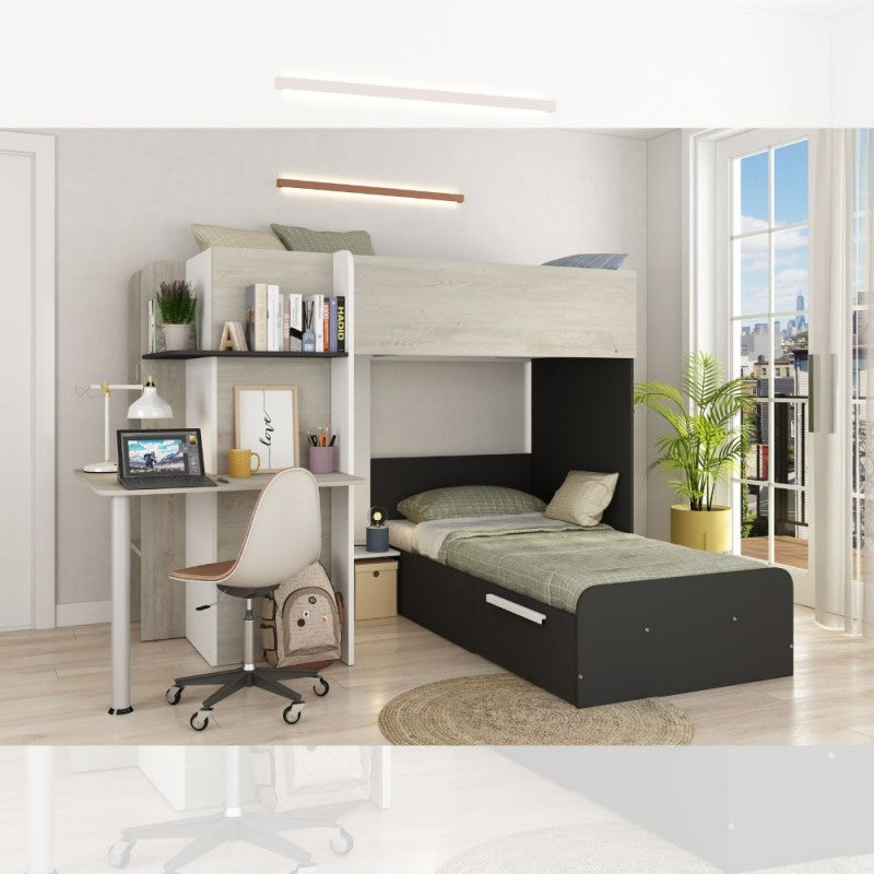LETTO A CASTELLO 6885 CON SCRIVANIA BIANCO VINTAGE ANTRACITE